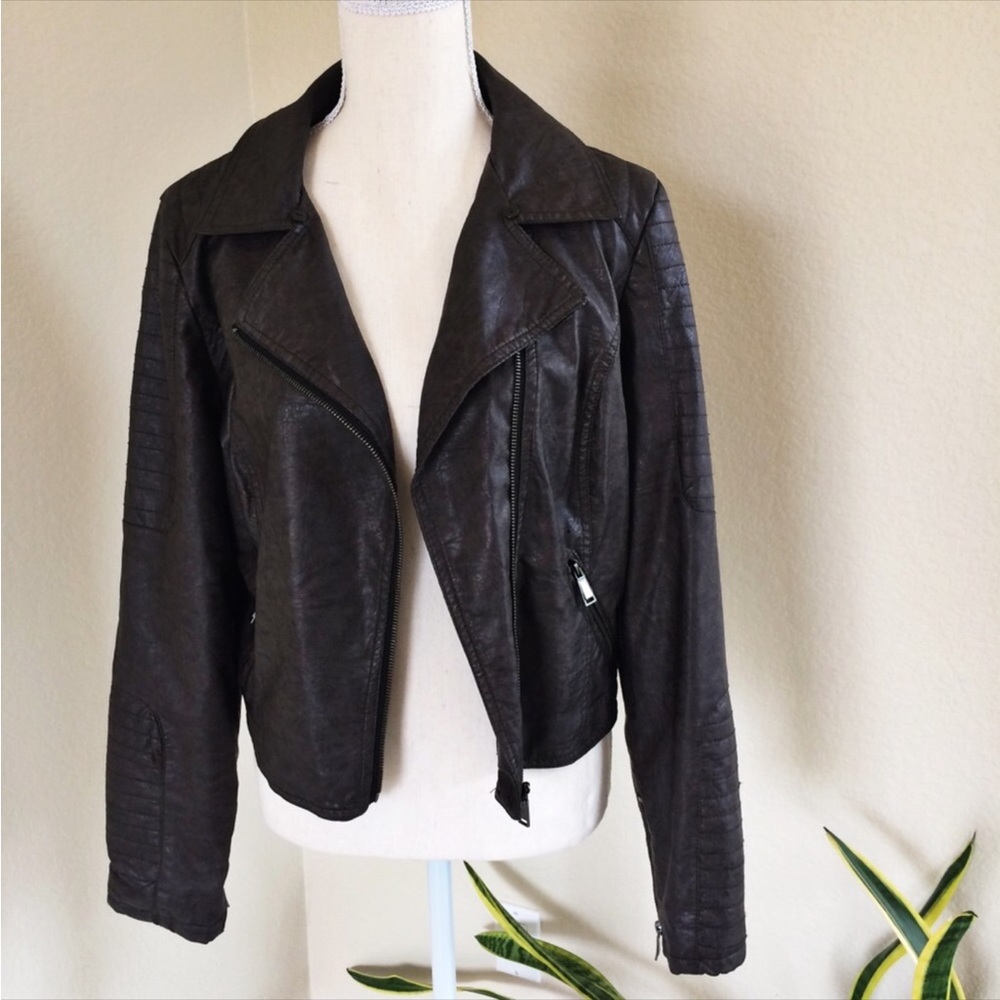 J2 Brown Faux Leather Cropped Moto Lined Jacket - Picture 5 of 16